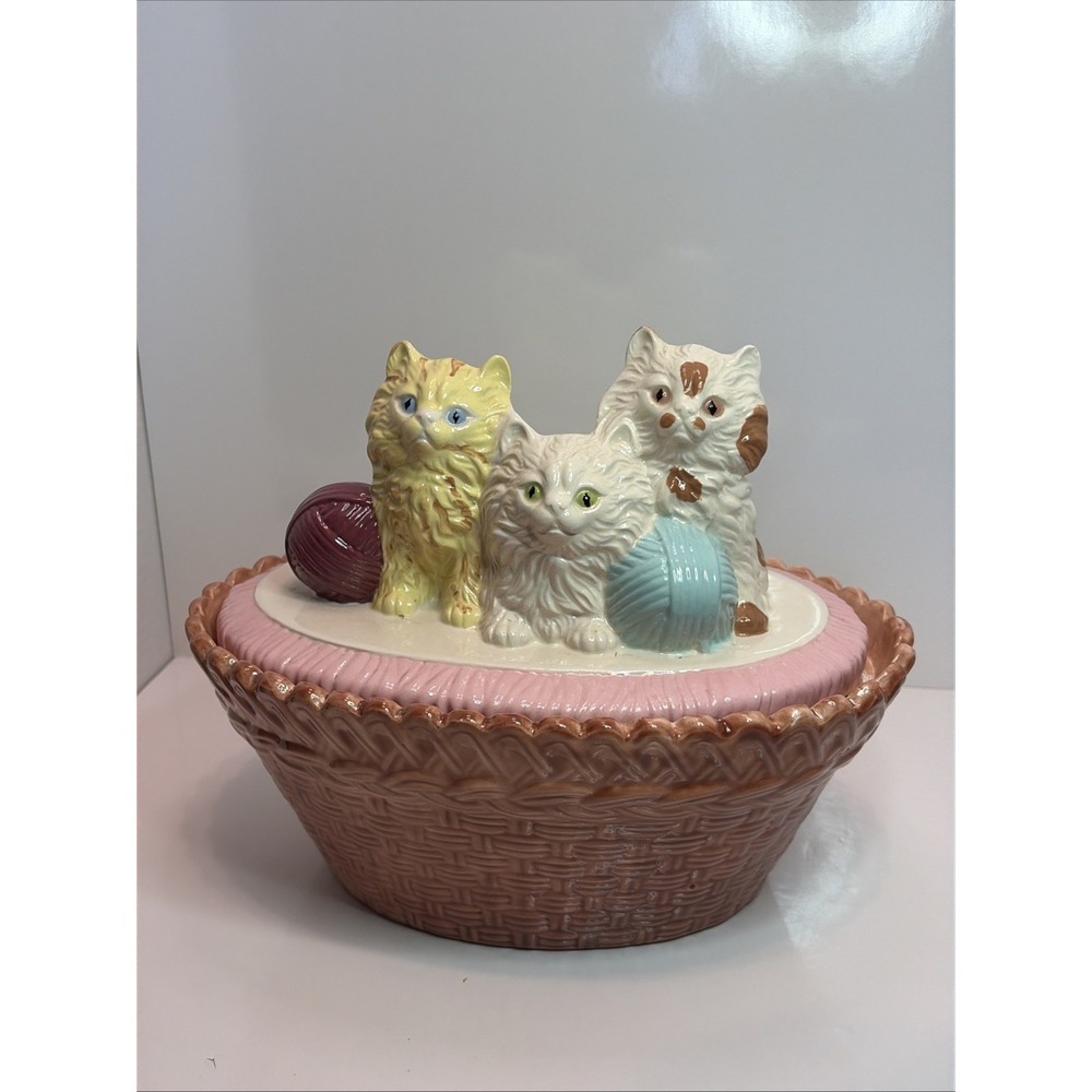 Vintage Ceramic Cookie Jar Kittens in Basket Yarn Large Mid Century Vasa by J.K